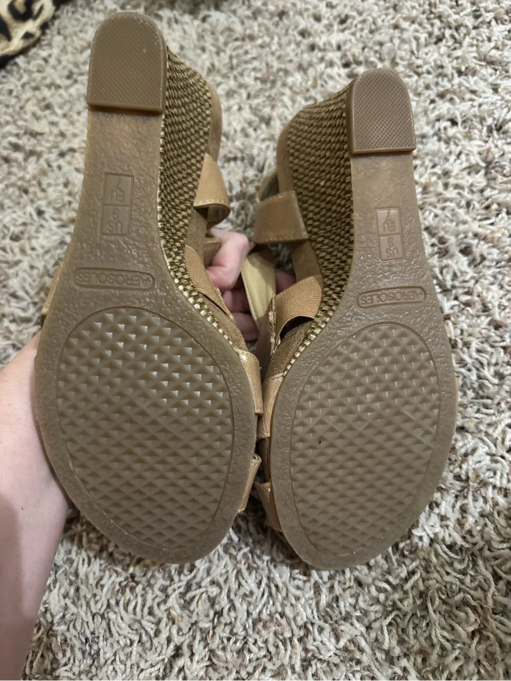 TWO AEROSOLES Women's Black Tan Wedge Strappy Sandals *Comfort Memory Foam*